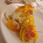 Burrata, orange and baby yellow beets.