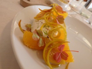 Burrata, orange and baby yellow beets.